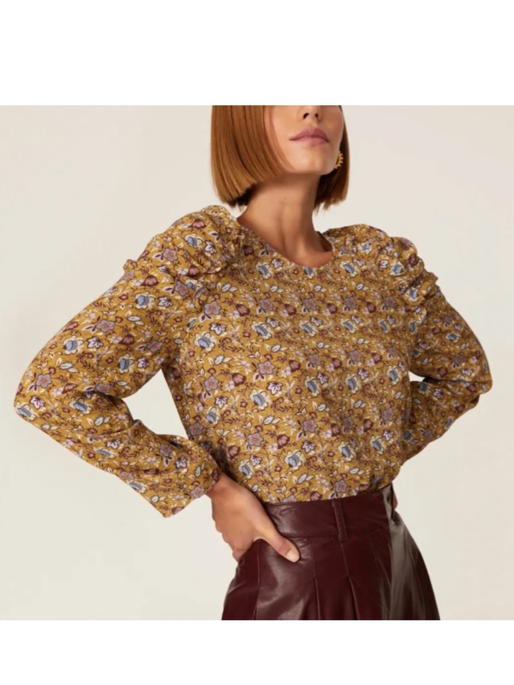 Rebecca Minkoff Gold Floral Print Puff Sleeve Blouse Womens Sz. M